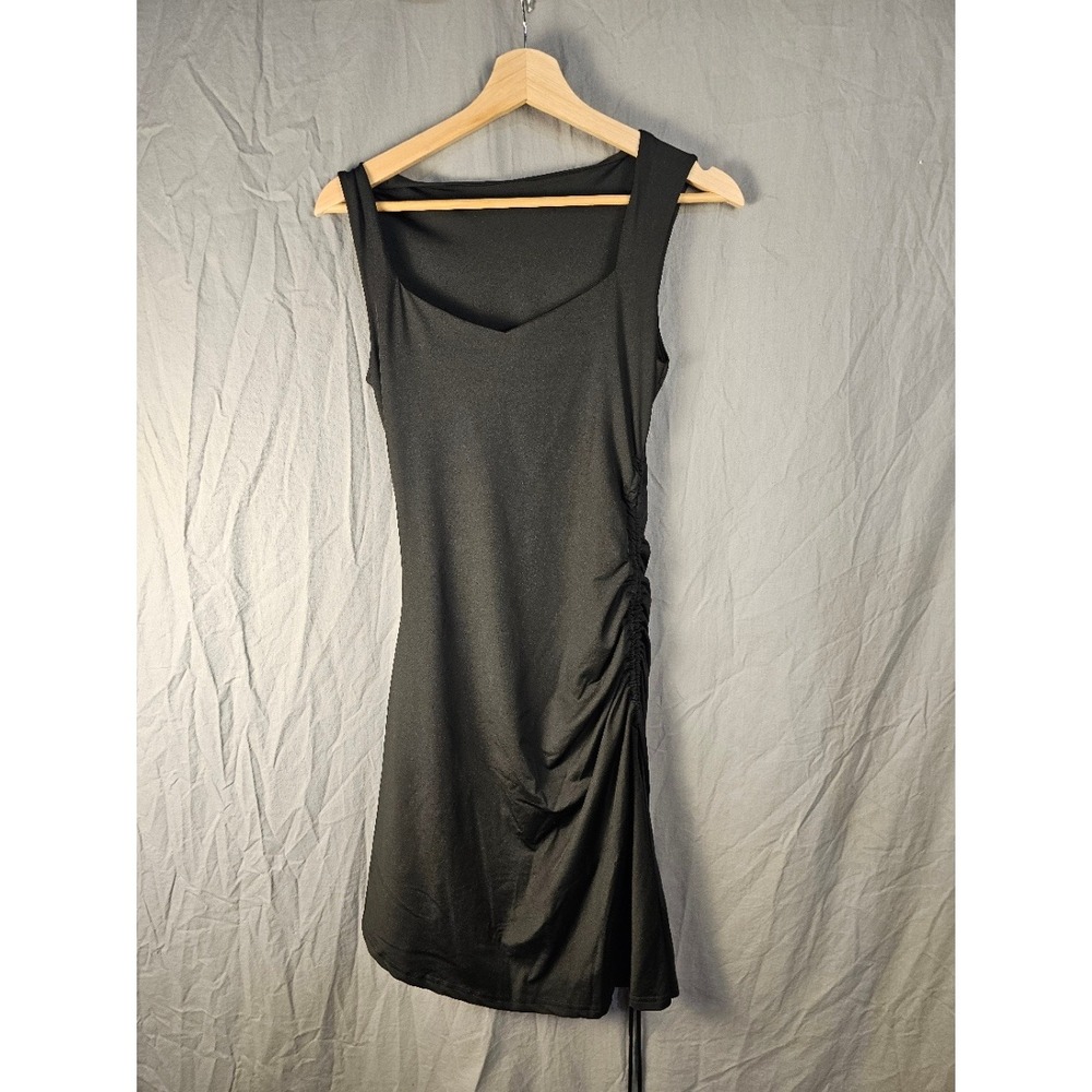 Black Ruched Side Drawstring Sleeveless Mini Dress Asymmetrical Neck Size S